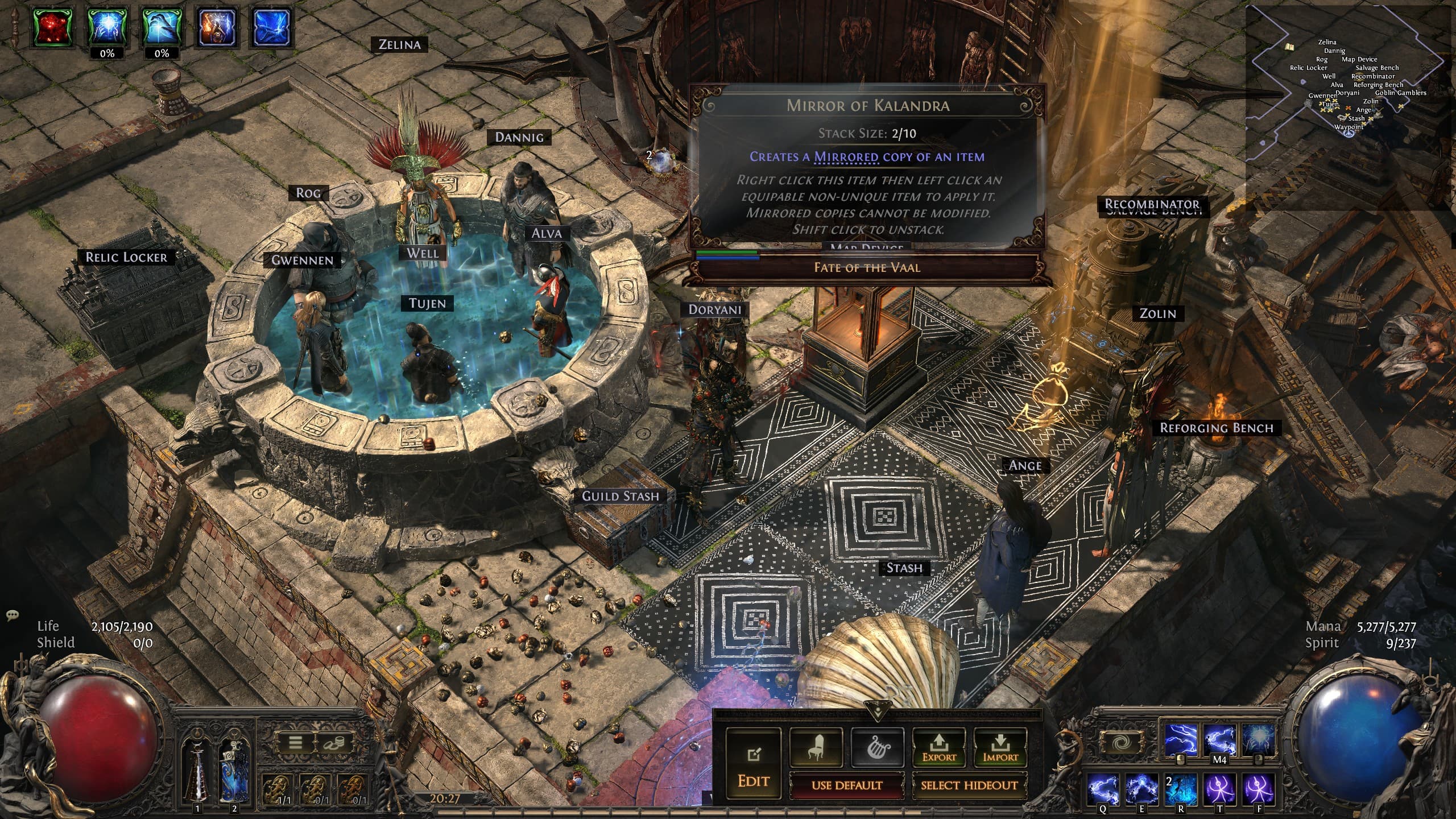 Path of Exile 2 gameplay — hideout with NPCs, Mirror of Kalandra tooltip